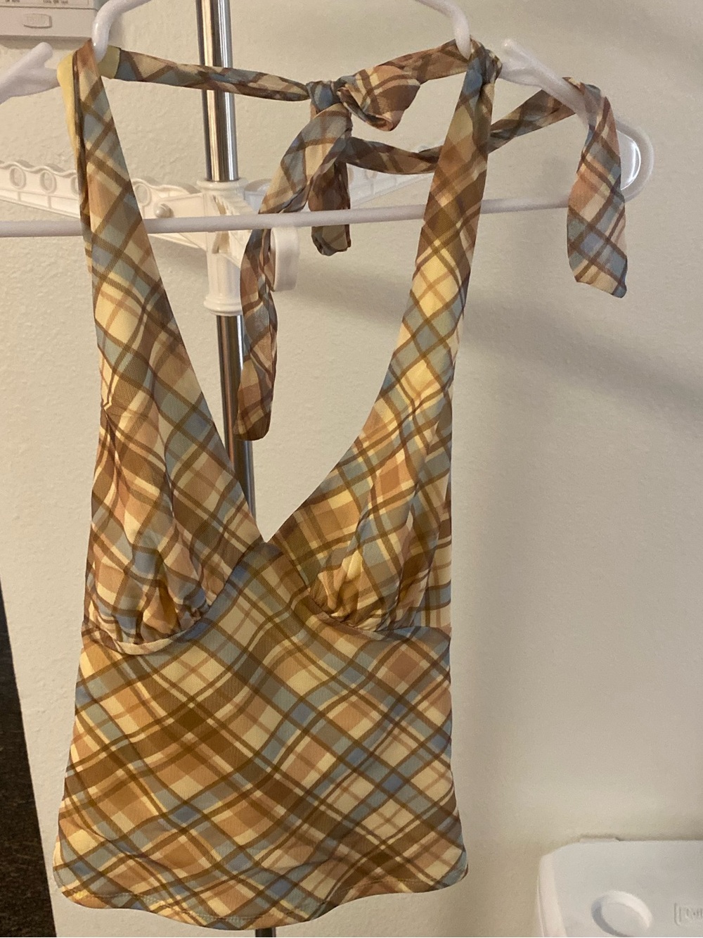 Plaid Halter Tie Women's Top in Brown & Blue